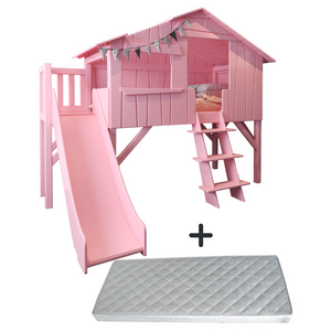Mathy By Bols hoogslaper Boomhut met Glijbaan Kinderbed hut 90x200cm roze