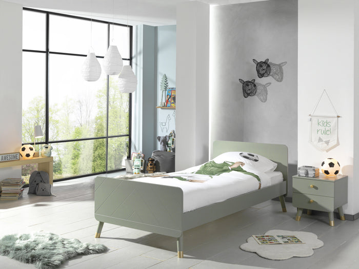BILLY-combinatie: het olijfgroene BILLY-bed (90x200cm) en de bijpassende olijfgroene nachttafel.