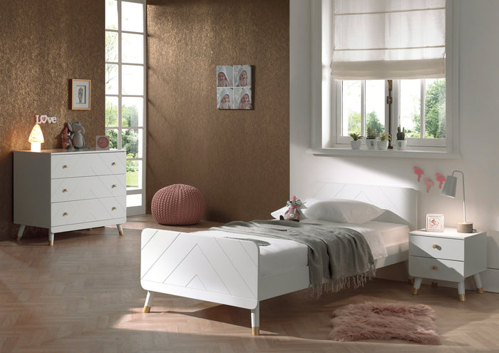 BILLY-combinatie: het witte BILLY-bed (90x200cm), de witte nachttafel en de kommode.