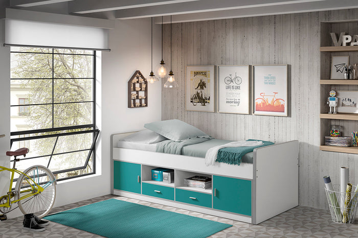 BONNY-combinatie: het turquoise kajuitbed met de bijhorende lattenbodem.
