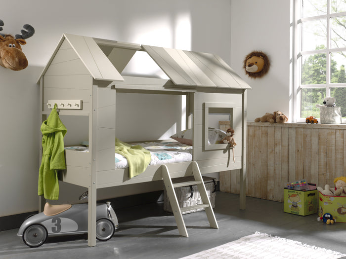 CHARLOTTE combinatie in beige en zandgrijs: een boomhutbed (90x200) met bijhorende rollattenbodem.