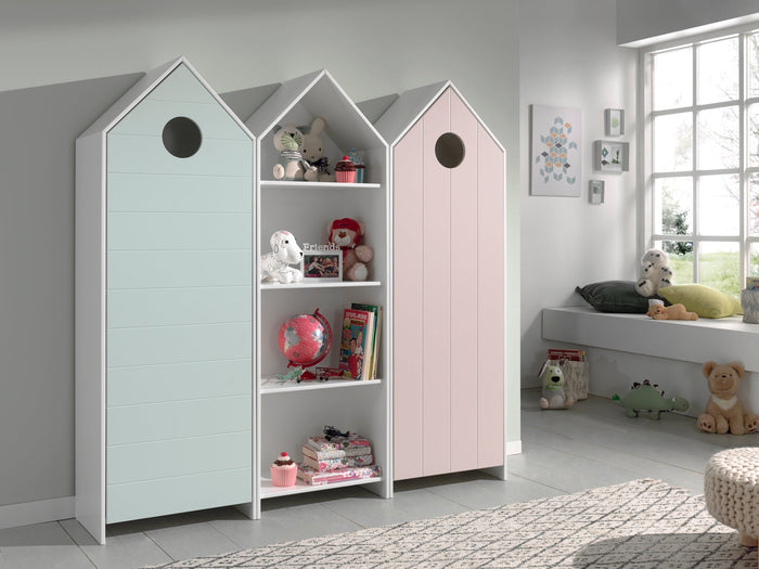 CASAMI combinatie: 3 kasten: 2 kastjes met mint groene en roze deur en 1 open kast.