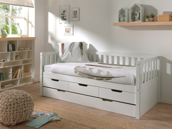 FRITZ combinatie in wit: een bed (90x200) met3 opberglades en bijhorend rolbed.