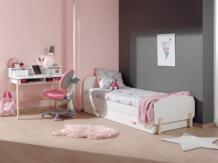 KIDDY combinatie in wit: een bed (90x200) met bijhorend rolbed en bureau.