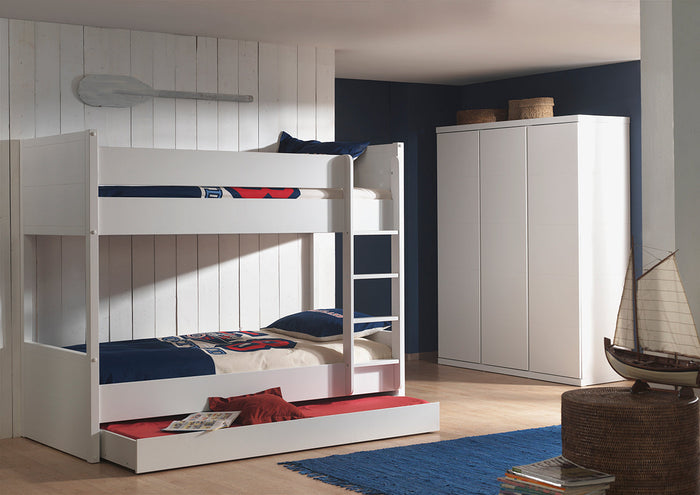 LARA combinatie in wit: een stapelbed (90x200) met bijhorend rolbed en 3-deurs kleerkast.