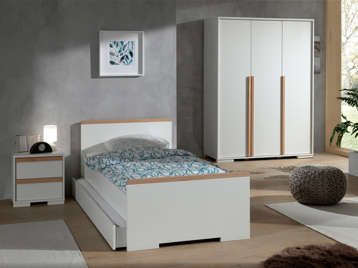 LONDON combinatie in wit: een bed (90x200) met bijhorend rolbed, nachtkastje en 3-deurs kleerkast.