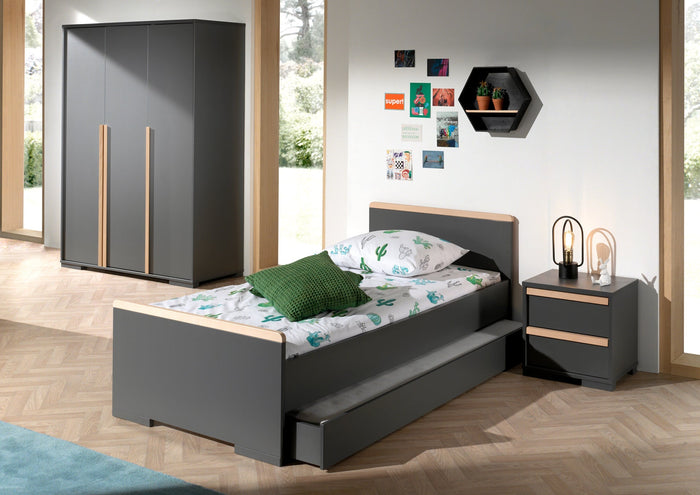 LONDON combinatie in antraciet: een bed (90x200) met bijhorend rolbed, nachtkastje en 3-deurs kleerkast.
