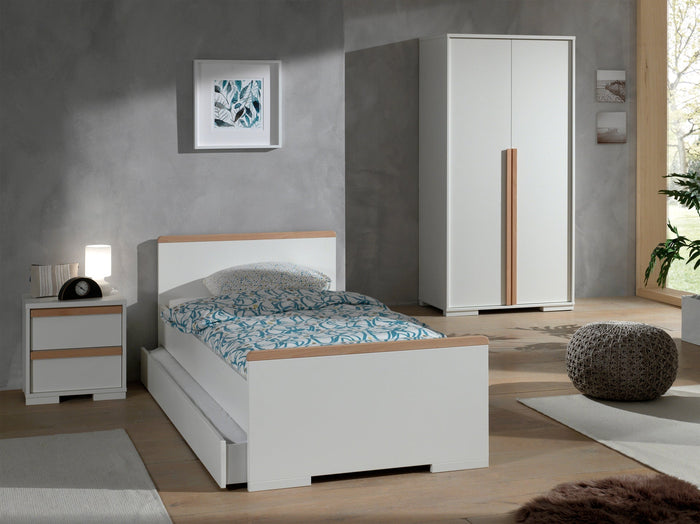 LONDON combinatie in wit: een bed (90x200) met bijhorend rolbed, nachtkastje en 2-deurs kleerkast.