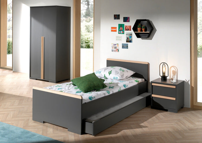 LONDON combinatie in antraciet: een bed (90x200) met bijhorend rolbed, nachtkastje en 2-deurs kleerkast.