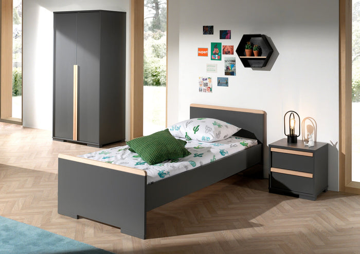 LONDON combinatie in antraciet: een bed (90x200) met nachtkastje en 2-deurs kleerkast.
