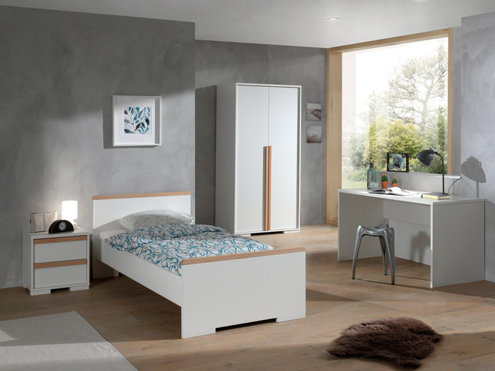 LONDON combinatie in wit: een bed (90x200) met nachtkastje, 2-deurs kleerkast en bureau.