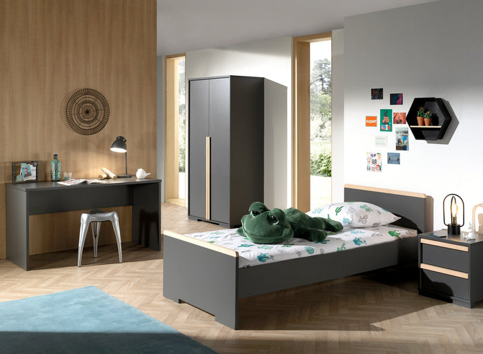 LONDON combinatie in antraciet: een bed (90x200) met nachtkastje, 2-deurs kleerkast en bureau.