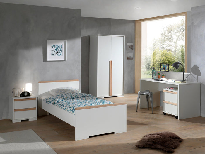 LONDON combinatie in wit: een bed (90x200) met nachtkastje, 2-deurs kleerkast en bureau met bijhorende rolcontainer.