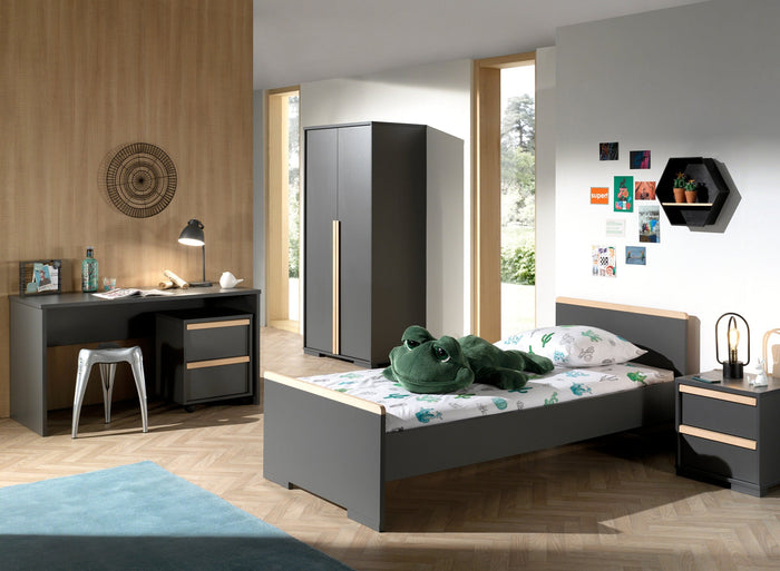 LONDON combinatie in antraciet: een bed (90x200) met nachtkastje, 2-deurs kleerkast en bureau met bijhorende rolcontainer.