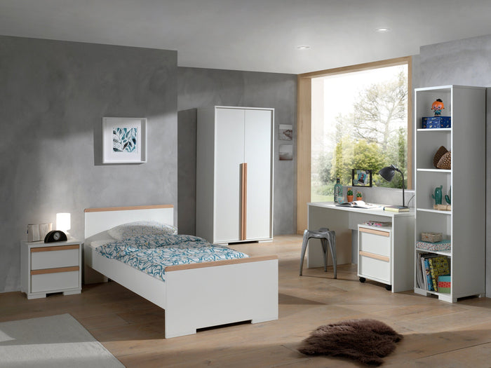 LONDON combinatie in wit: een bed (90x200) met nachtkastje, 2-deurs kleerkast, bureau met bijhorende rolcontainer en boekenkast.