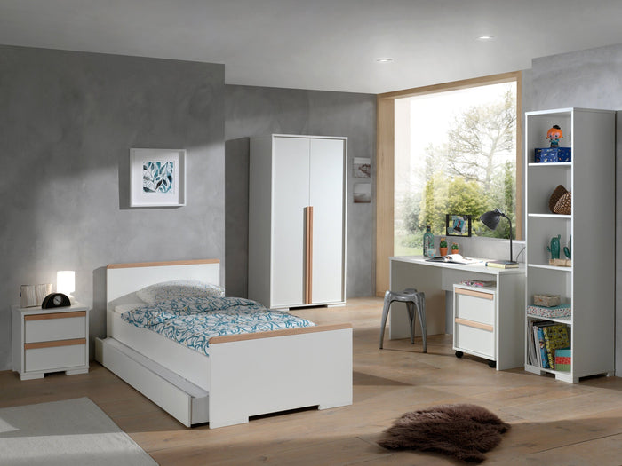 LONDON combinatie in wit: een bed (90x200) met rolbed, nachtkastje, 2-deurs kleerkast, bureau met bijhorende rolcontainer en boekenkast.