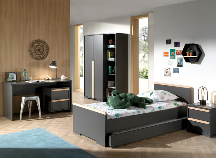 LONDON combinatie in antraciet: een bed (90x200) met rolbed, nachtkastje, 2-deurs kleerkast, bureau met bijhorende rolcontainer en boekenkast.