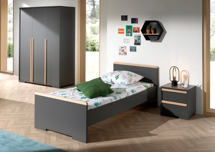 LONDON combinatie in antraciet: een bed (90x200) met nachtkastje en 3-deurs kleerkast.