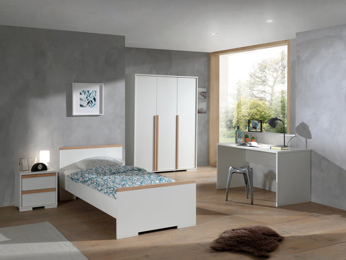 LONDON combinatie in wit: een bed (90x200) met nachtkastje, 3-deurs kleerkast en bureau.