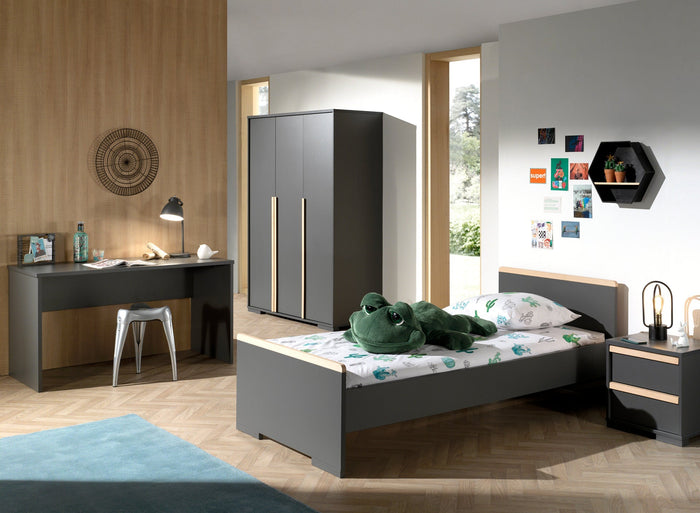 LONDON combinatie in antraciet: een bed (90x200) met nachtkastje, 3-deurs kleerkast en bureau.