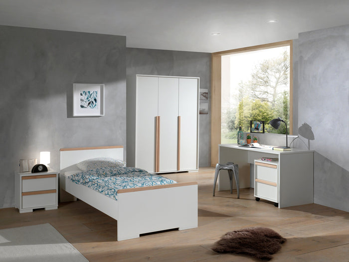 LONDON combinatie in wit: een bed (90x200) met nachtkastje, 3-deurs kleerkast en bureau met rolcontainer.