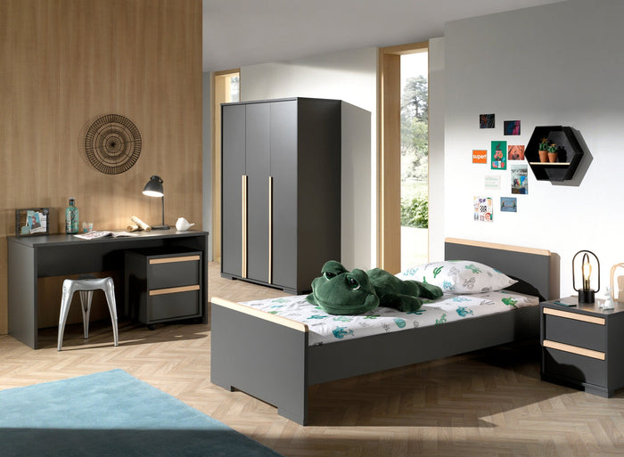 LONDON combinatie in antraciet: een bed (90x200) met nachtkastje, 3-deurs kleerkast en bureau met rolcontainer.