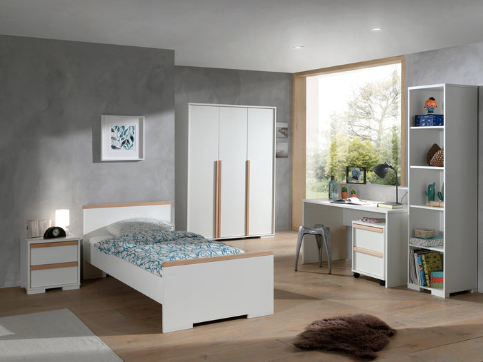 LONDON combinatie in wit: een bed (90x200) met nachtkastje, 3-deurs kleerkast, bureau met rolcontainer en boekenkast.