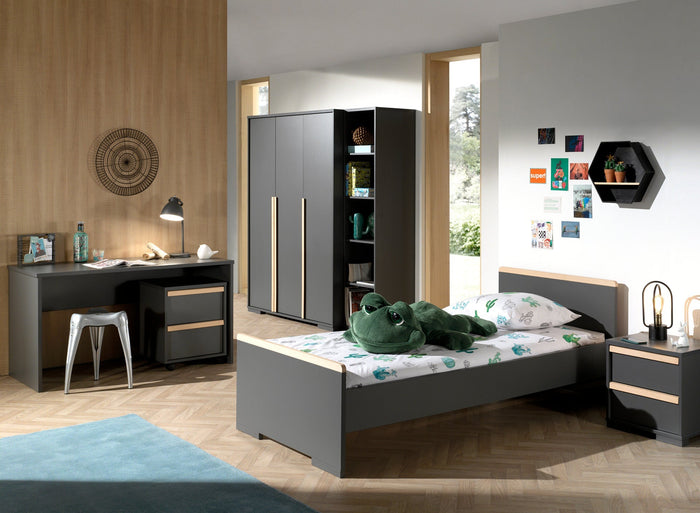 LONDON combinatie in antraciet: een bed (90x200) met nachtkastje, 3-deurs kleerkast, bureau met rolcontainer en boekenkast.