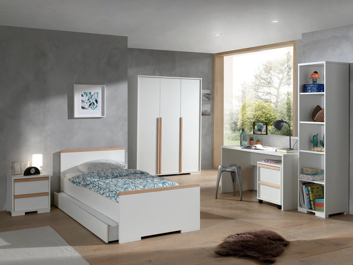 LONDON combinatie in wit: een bed (90x200) met rolbed, nachtkastje, 3-deurs kleerkast, bureau met rolcontainer en boekenkast.
