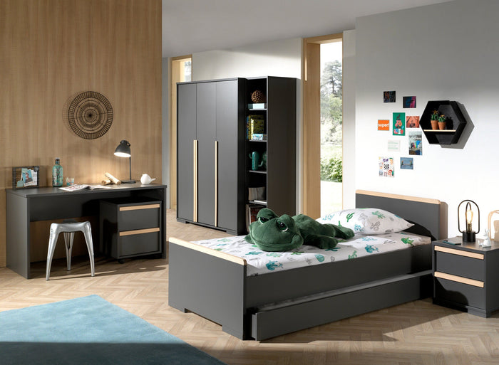 LONDON combinatie in antraciet: een bed (90x200) met rolbed, nachtkastje, 3-deurs kleerkast, bureau met rolcontainer en boekenkast.