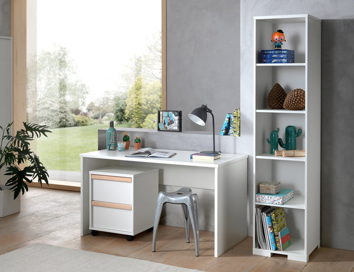 LONDON combinatie in wit: een bureau met bijhorende rolcontainer en boekenkast.