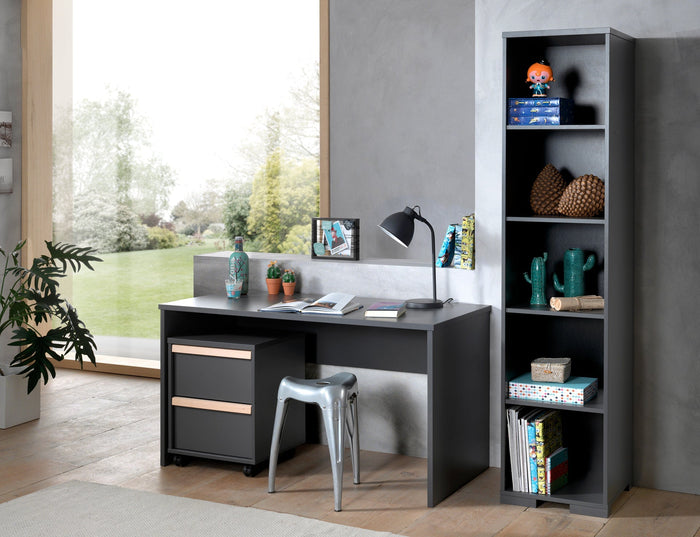LONDON combinatie in antraciet: een bureau met bijhorende rolcontainer en boekenkast.