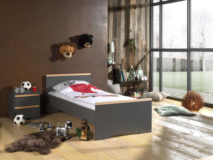 LONDON combinatie in anthraciet: een bed (90x200) en bijhorend nachtkastje.