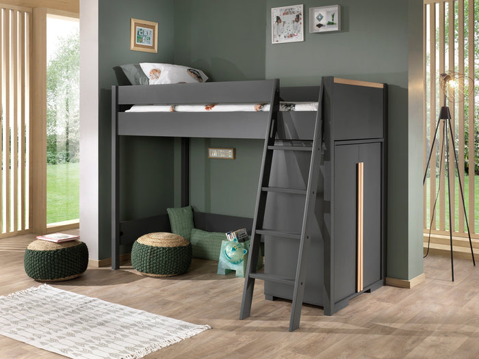 LONDON combinatie in antraciet: een hoogslaper (90x200) met 2-deurs kast.