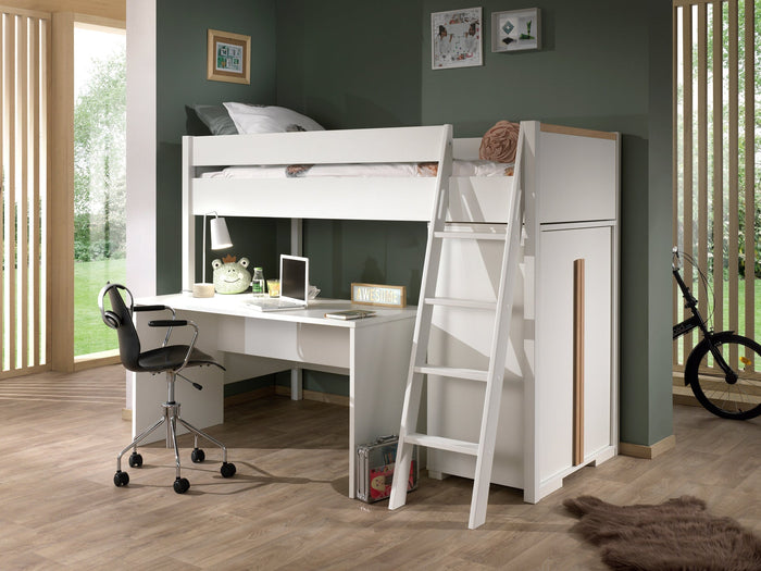 LONDON combinatie in wit: een hoogslaper (90x200) met 2-deurs kast en bureau.