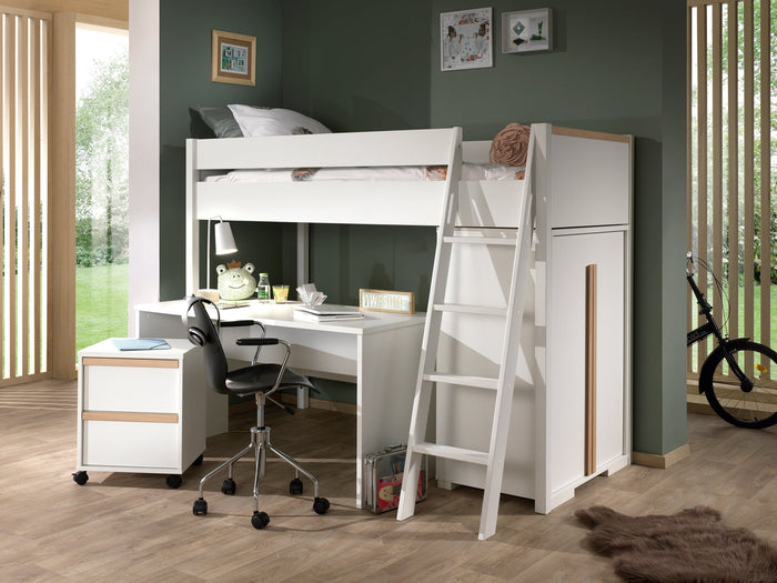 LONDON combinatie in wit: een hoogslaper (90x200) met 2-deurs kleerkast, bureau en bijhorende rolcontainer.
