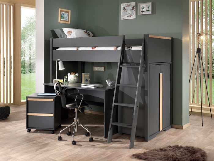 LONDON combinatie in antraciet: een hoogslaper (90x200) met 2-deurs kast, bureau en bijhorende rolcontainer.