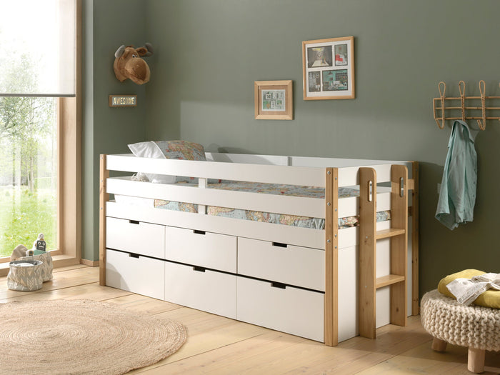 MARGRIT combinatie: het MARGRIT kajuitbed (90 x 200 cm) met 3 lades en rolbed.