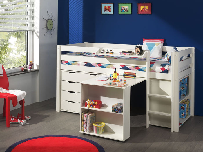 PINO-combinatie: een witte PINO hoogslaper, een PINO bureau, een PINO boekenkast, een PINO kommode met 4 laden en een PINO hangtablet