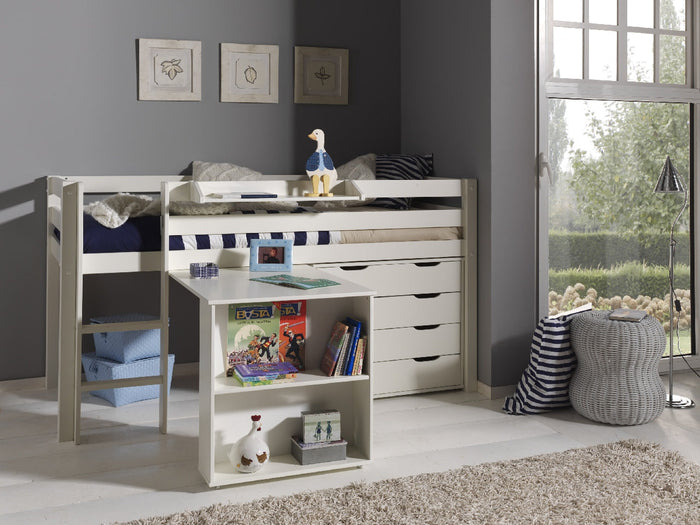 PINO-combinatie: een witte PINO hoogslaper, een PINO bureau, een PINO kommode met 4 laden en een PINO hangtablet