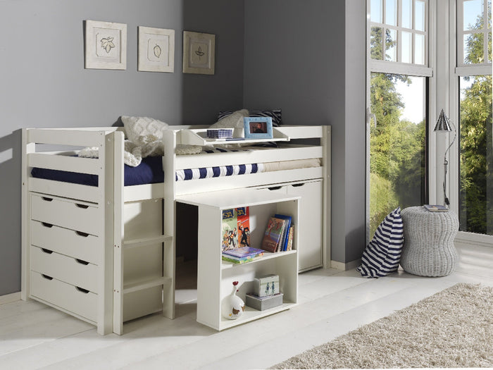 PINO-combinatie: een witte PINO hoogslaper, een PINO bureau, een PINO kommode met 4 laden, een PINO hangtablet en een PINO kommode met 2 deuren