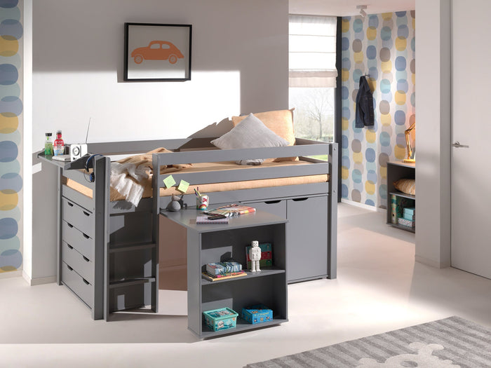 PINO-combinatie: een grijze PINO hoogslaper, een PINO bureau, een PINO kommode met 4 laden, een PINO hangtablet en een PINO kommode met 2 deuren