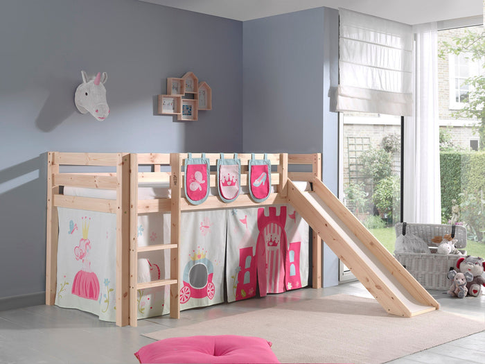 PINO-combinatie: een PINO hoogslaper glijbaan in natuur kleur, een speelgordijn princess en 3 zakjes princess