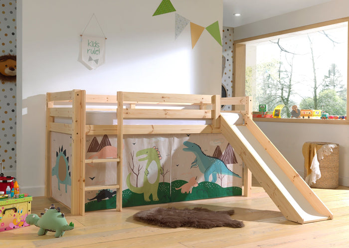 PINO-combinatie: een natuur PINO hoogslaper met glijbaan en een speelgordijn dino