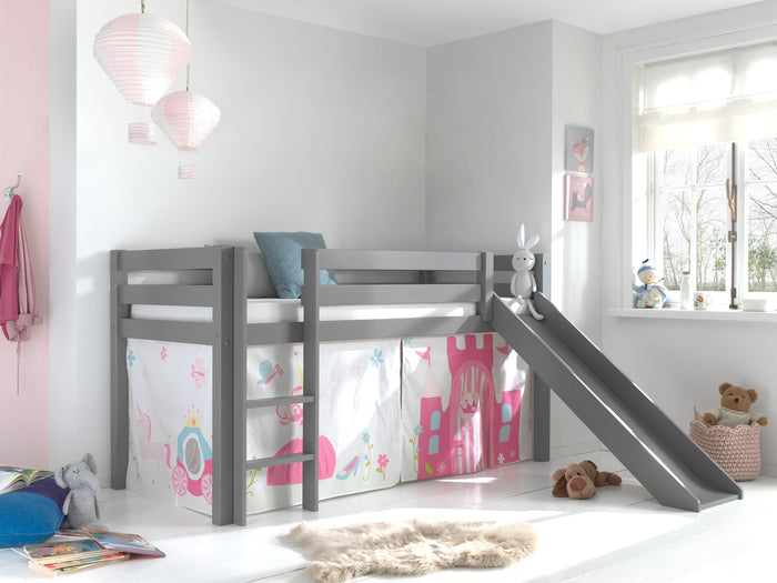 PINO-combinatie: een grijze PINO hoogslaper glijbaan en een speelgordijn princess