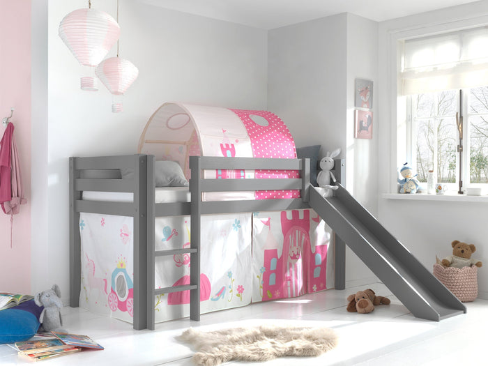PINO-combinatie: een grijze PINO hoogslaper glijbaan , een speelgordijn princess en een tunnel princess