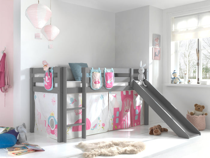PINO-combinatie: een grijze PINO hoogslaper glijbaan , een speelgordijn princess en 3 zakjes princess