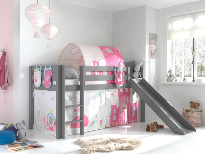 PINO-combinatie: een grijze PINO hoogslaper glijbaan , een speelgordijn princess, 3 zakjes princess en een tunnel princess