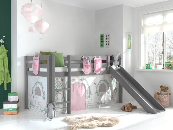 PINO-combinatie: een grijze PINO hoogslaper glijbaan , een speelgordijn birdy en zakjes 3 stuks birdy