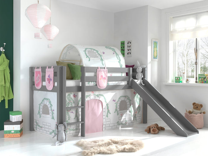 PINO-combinatie: een grijze PINO hoogslaper glijbaan , een speelgordijn birdy, zakjes 3 stuks birdy en een tunnel birdy